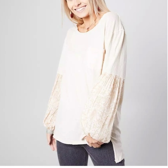 Free People We the Free Oversized Floral Sleeve Jade Top Size Medium - Picture 1 of 10